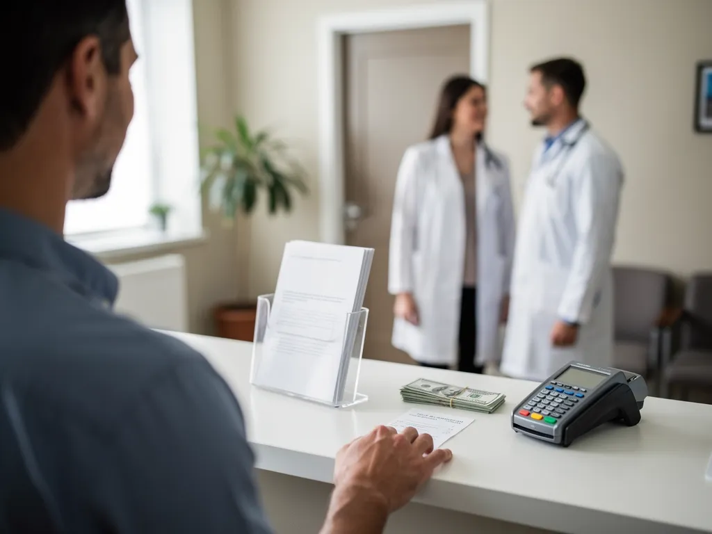 Two doctors speak to each other in a doctor's office as a receptionist looks on.