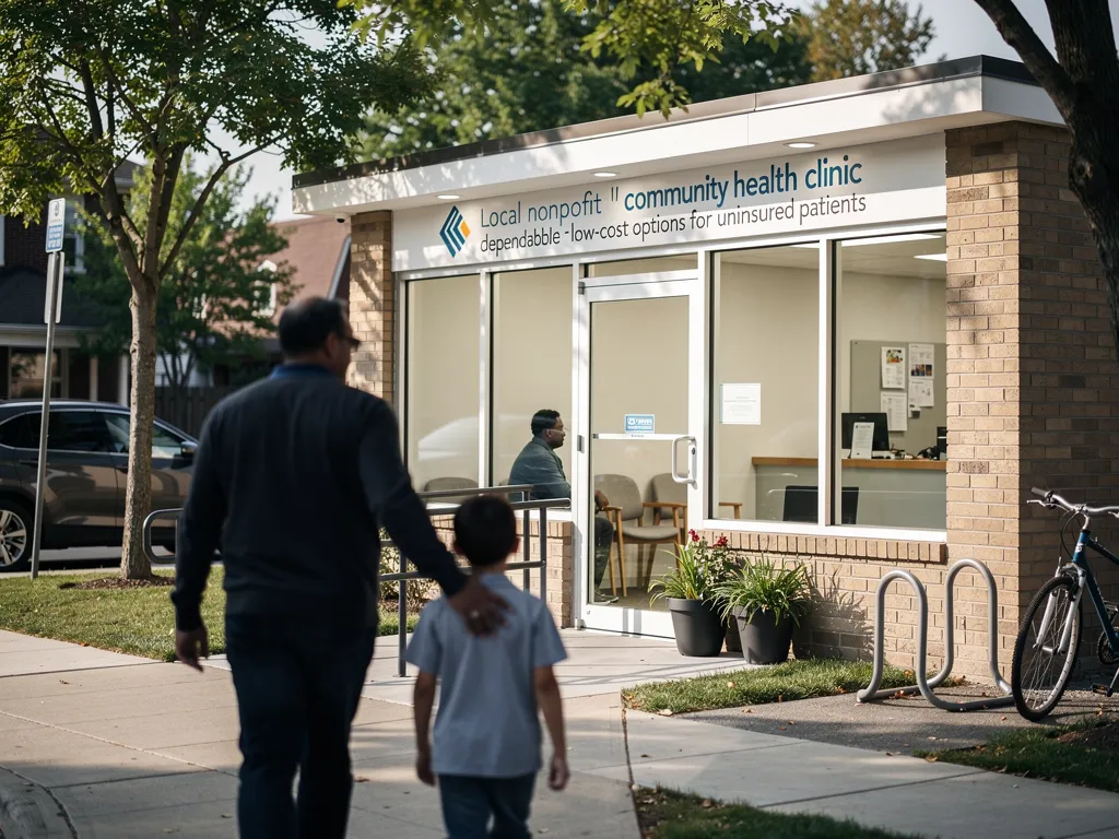 A man and child walk towards a community health clinic.