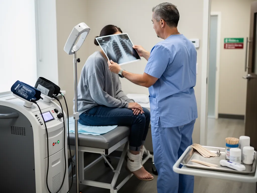 A healthcare professional looks t an x-ray while next to him a lady sits.