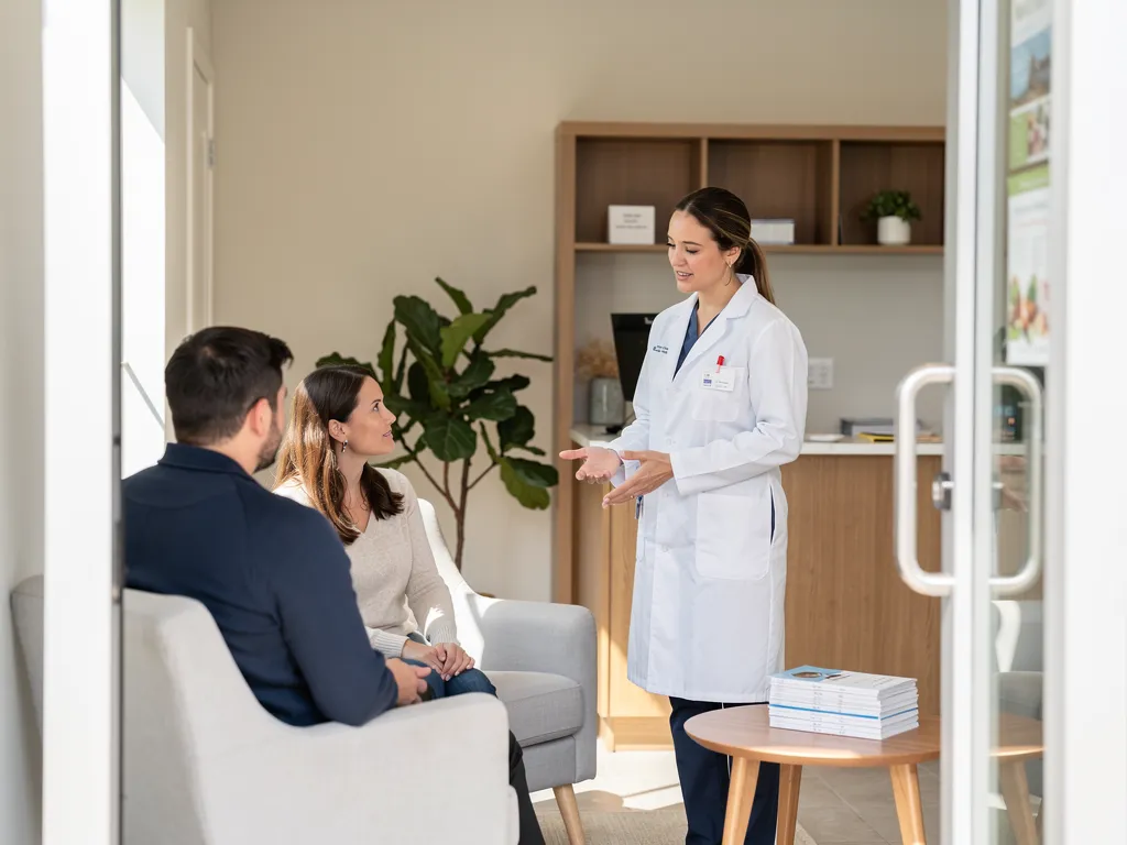 A doctor speaks to two people in the waiting room of a healthcare office.