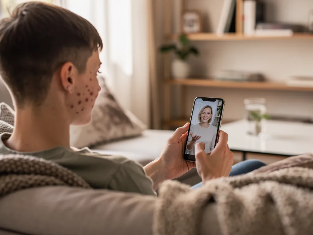 Person with acne having a telehealth video consultation with a dermatologist