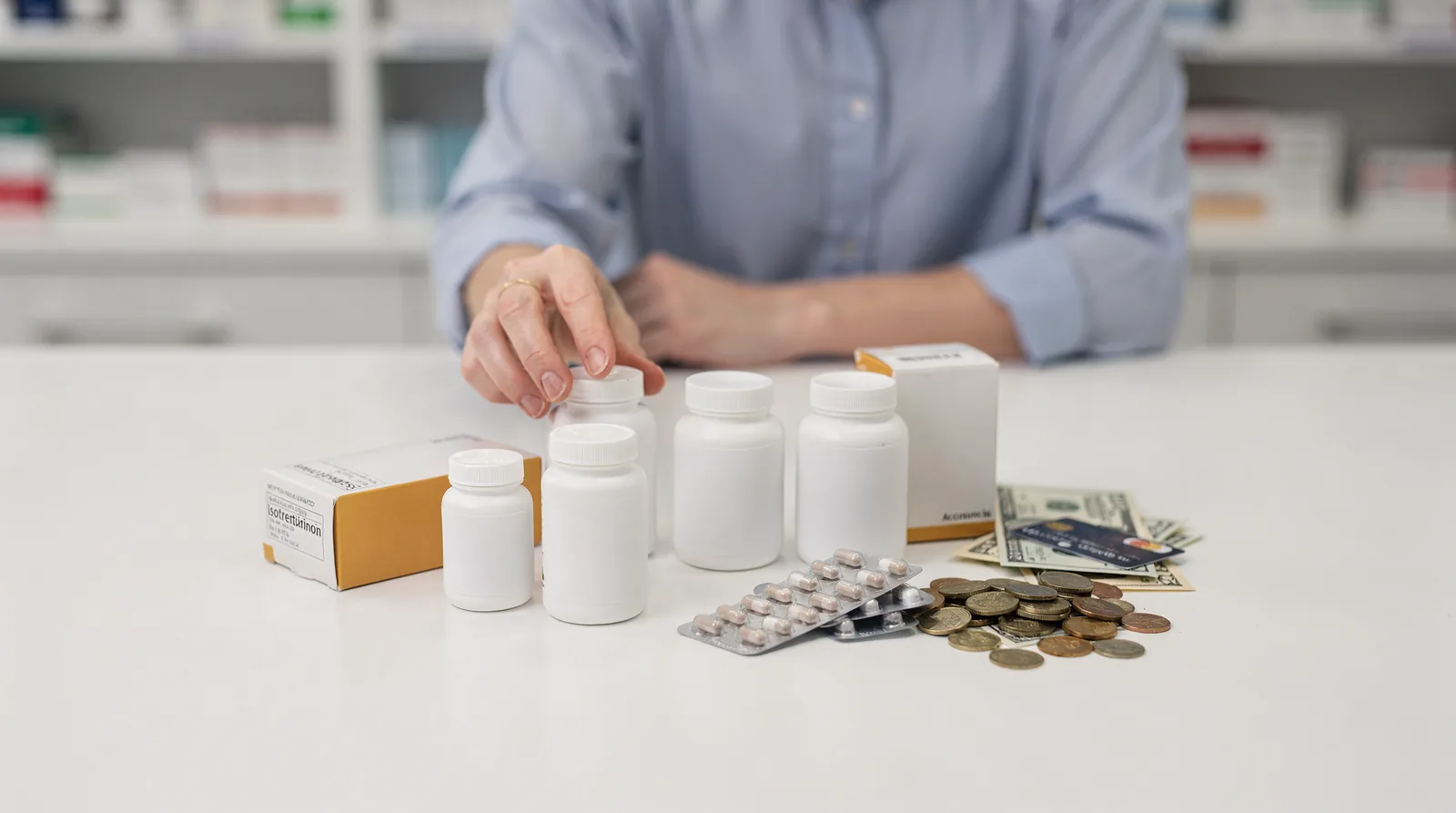 Pills and money sit on a counter.