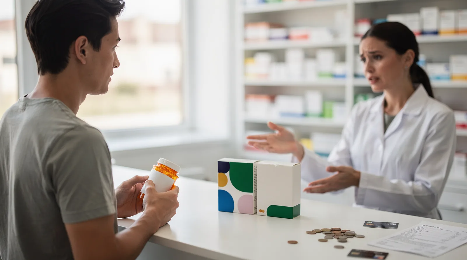 A man is at the counter of a pharmacy.
