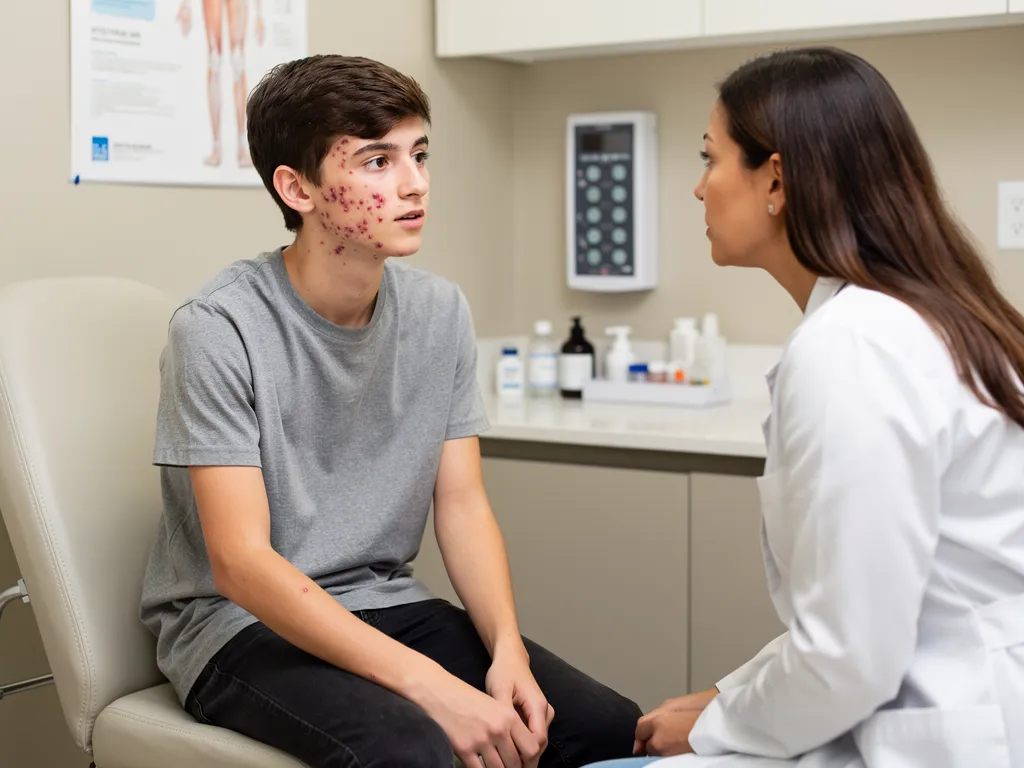 A young man with acne speaks to a doctor.