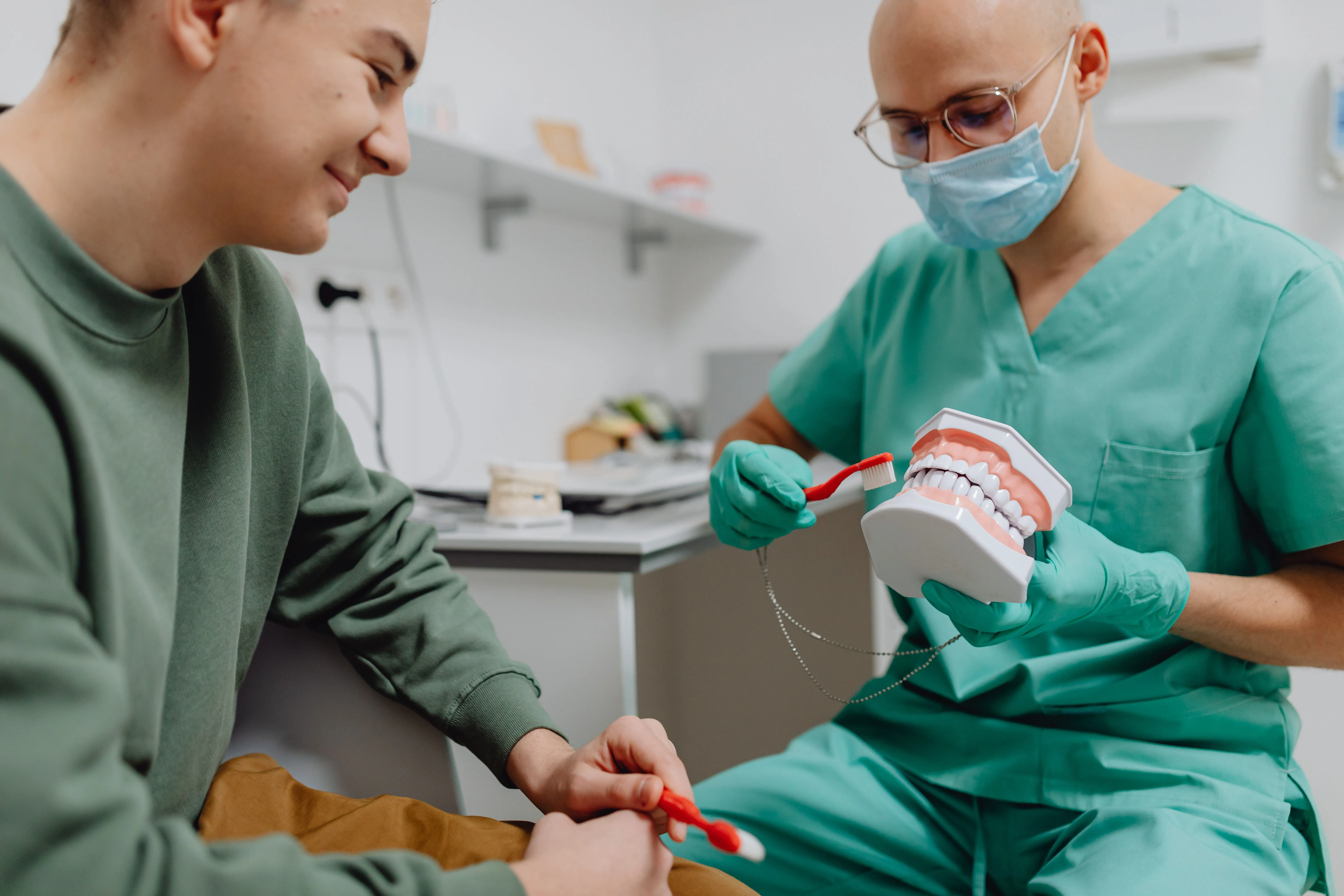 Dentist giving customer a demonstration of how to clean teeth on a set of teeth.
