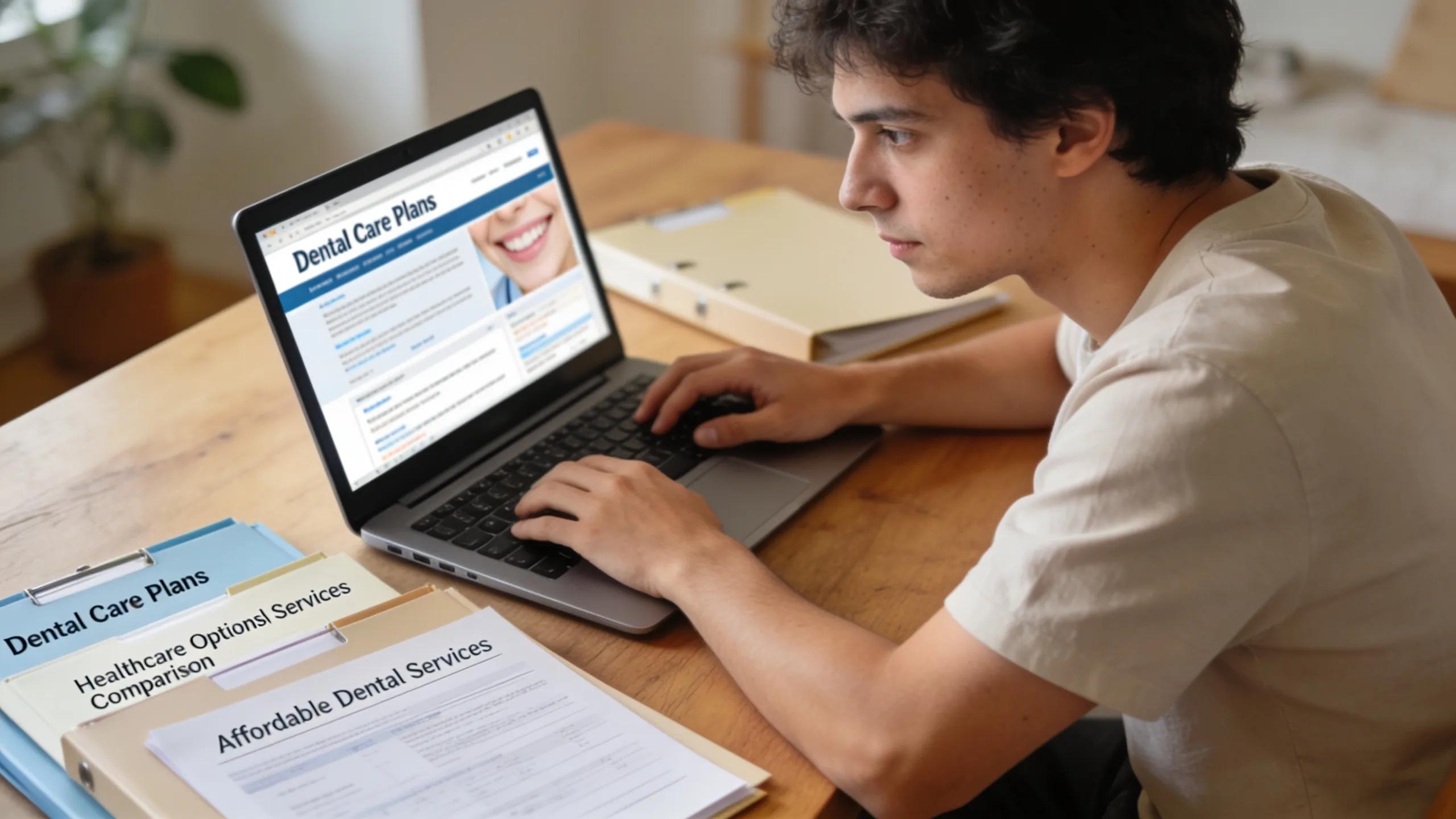 Individual researching affordable healthcare plans for dental services at a desk with a laptop