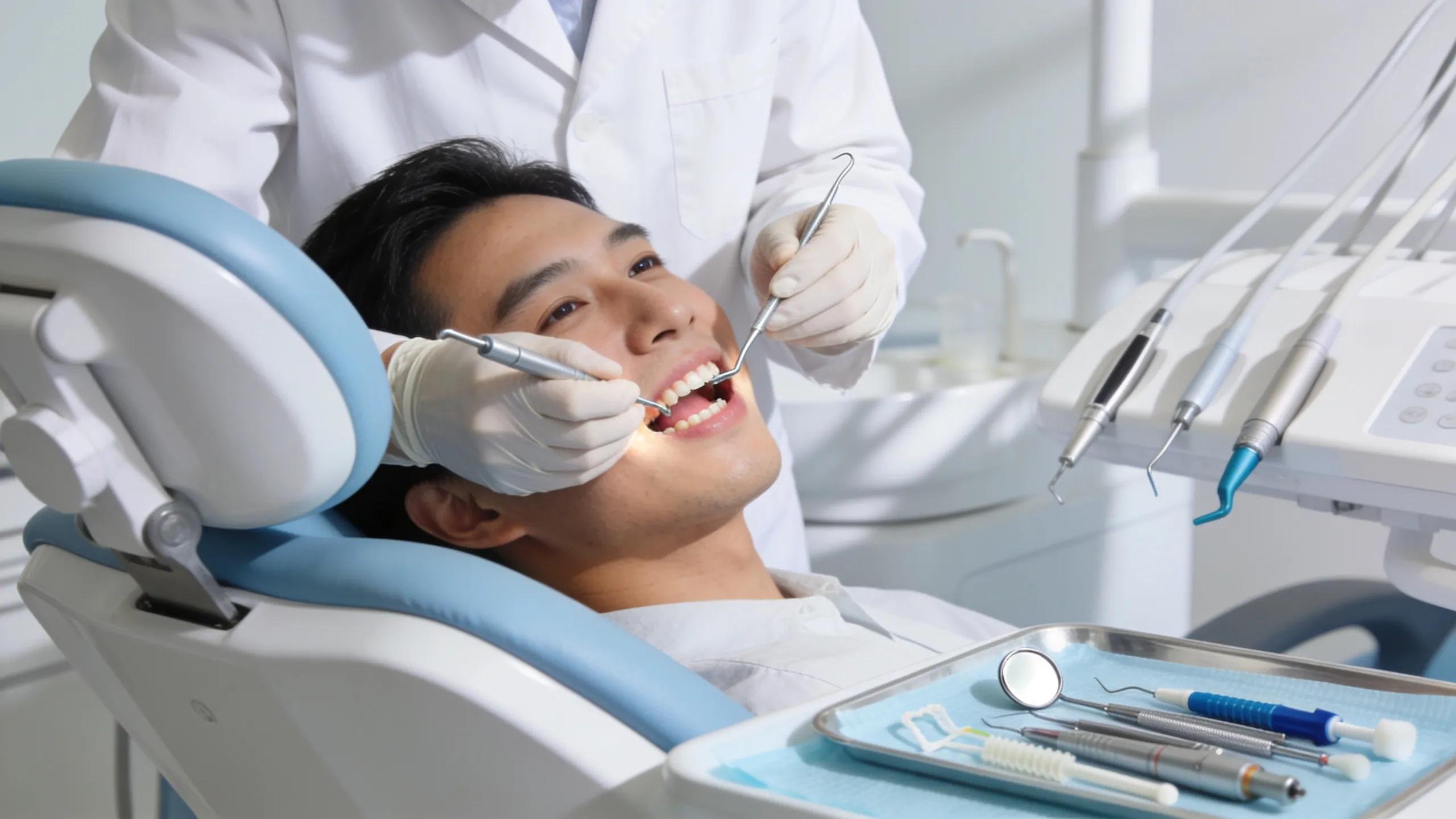 Dental office scene depicting a hygienist performing a professional teeth cleaning on a patient